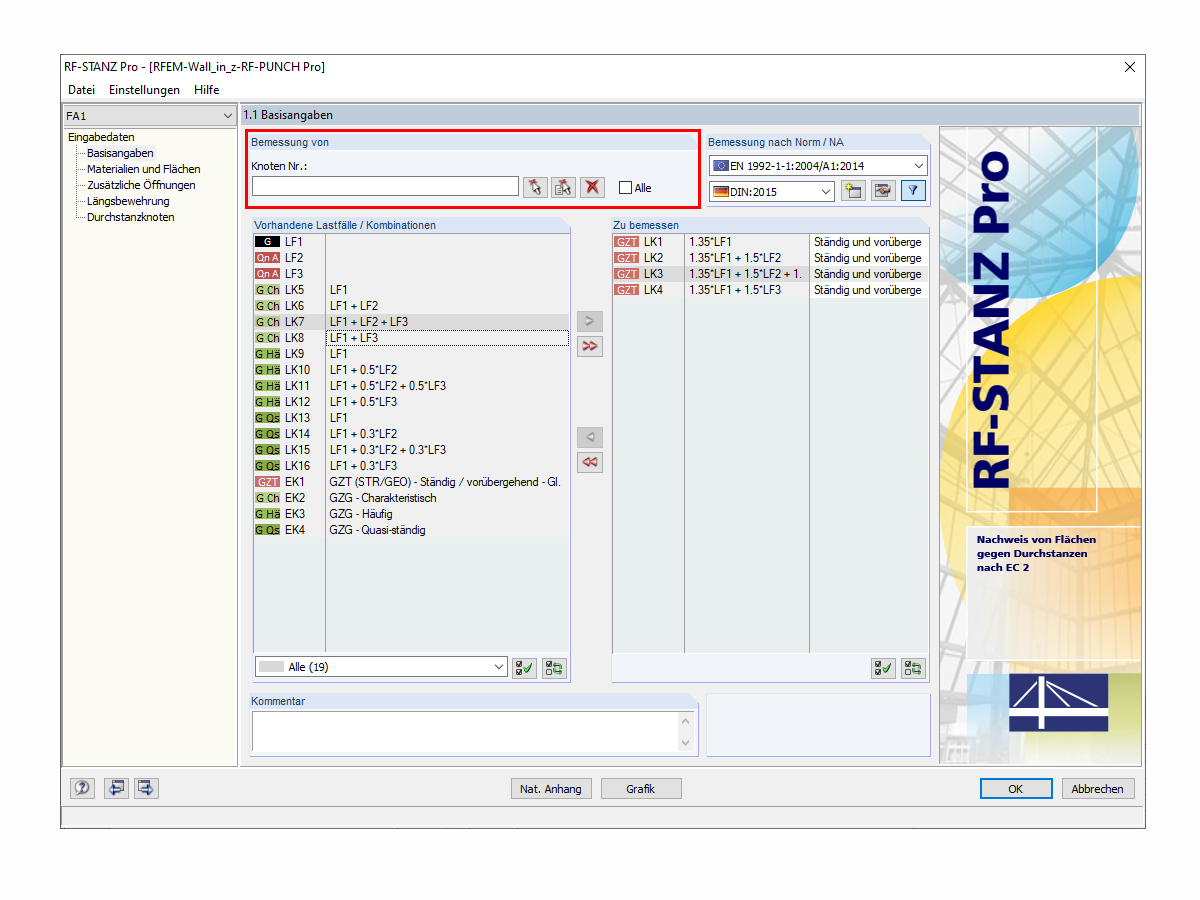 Maske 1.1 des Moduls RF-STANZ Pro mit der Auswahl der Knoten für den Nachweis