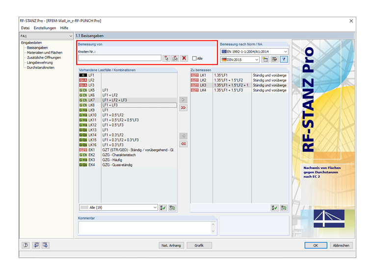 Maske 1.1 des Moduls RF-STANZ Pro mit der Auswahl der Knoten für den Nachweis