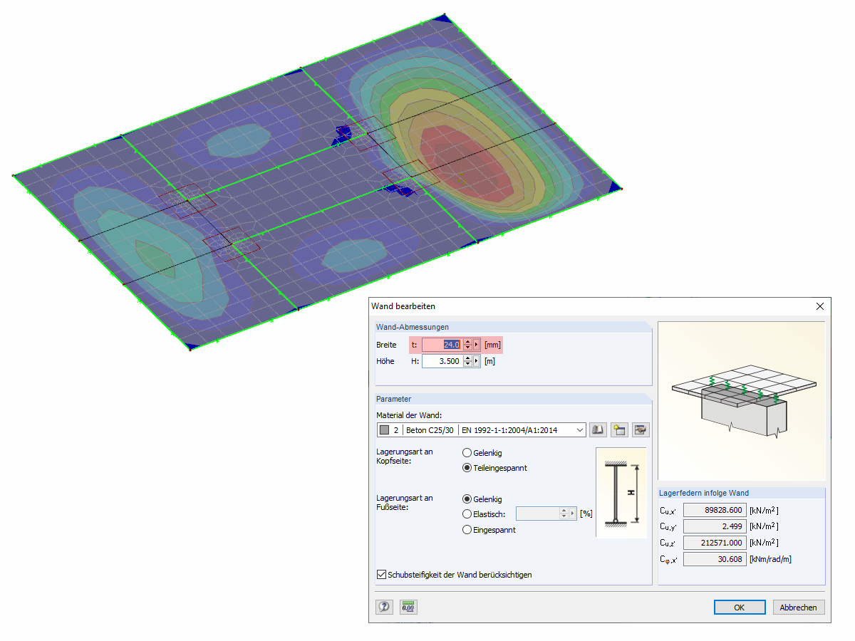 Eingabedialog "Wand bearbeiten" mit der Vorgabe der Breite "t" in [mm]