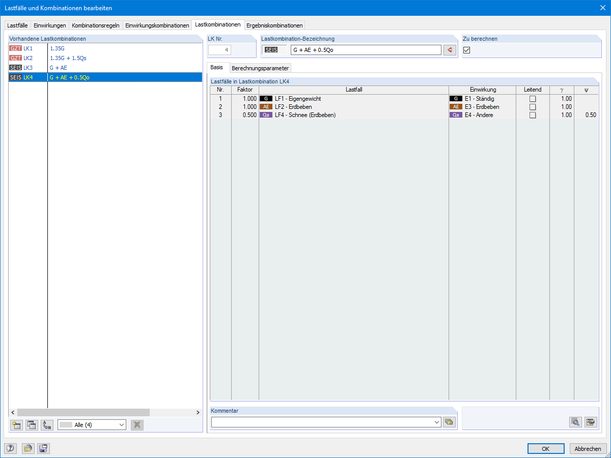 Fertig generierte Lastkombinationen