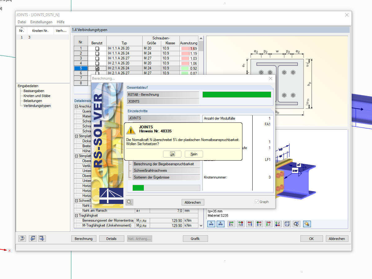 Warnmeldung bei einwirkender Normalkraft > 5 % N_pl,Rd