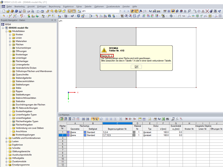 Fehlermeldung "Die Definitionslinien einer Fläche sind nicht geschlossen"