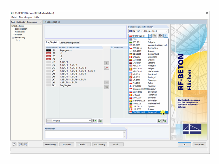 Maske 1.1 in RF-BETON Flächen mit der Auswahl des Nationalen Anhangs "ÖNORM"