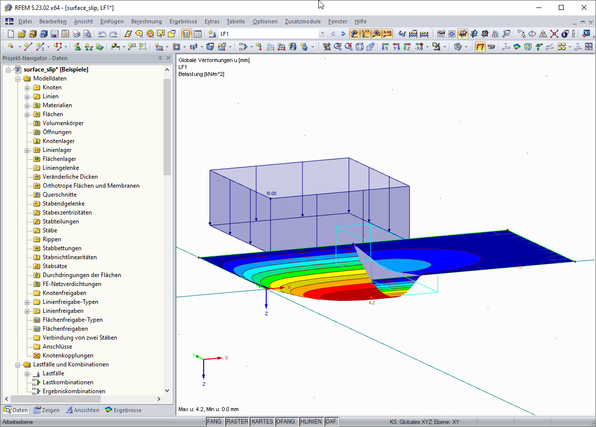 Mittragende Fläche rechts nach dem Schlupf von 3 mm