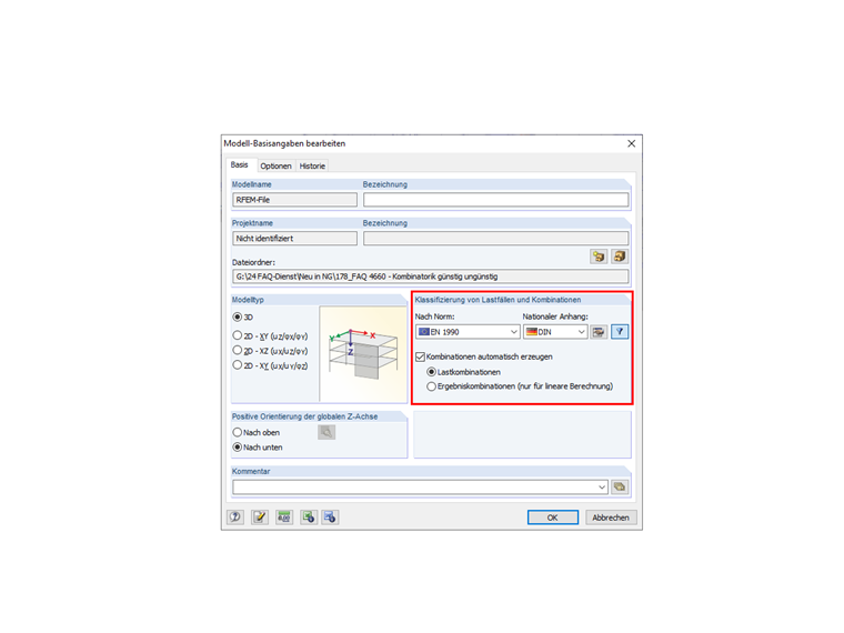 Aktivieren der automatischen Kombinatorik im Dialog "Modell-Basisangaben bearbeiten"