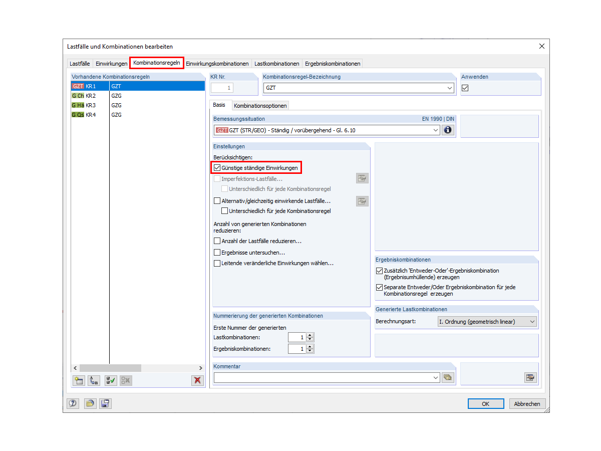 Register "Kombinationsregeln" mit Option für günstig wirkende ständige Last