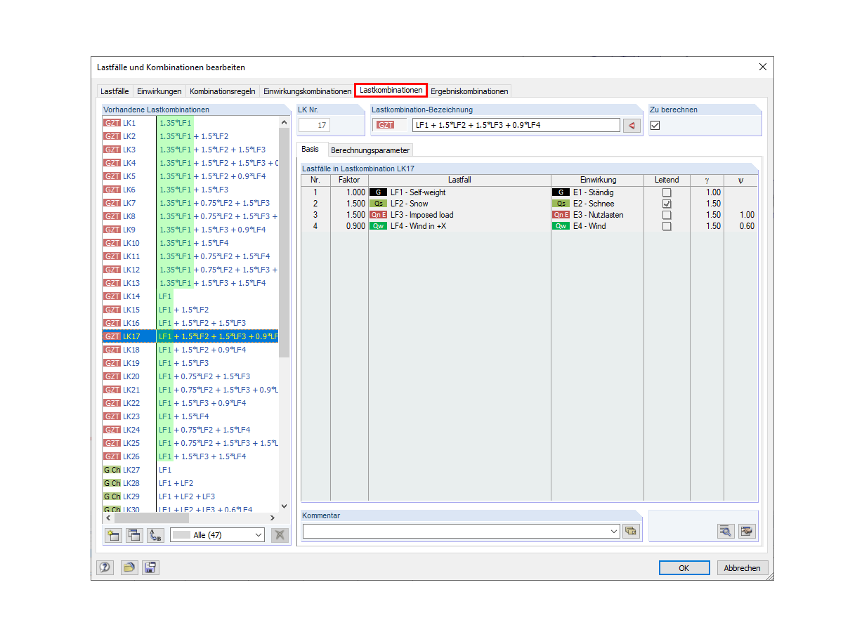 Lastkombinationen mit günstiger und ungünstig ständiger Last