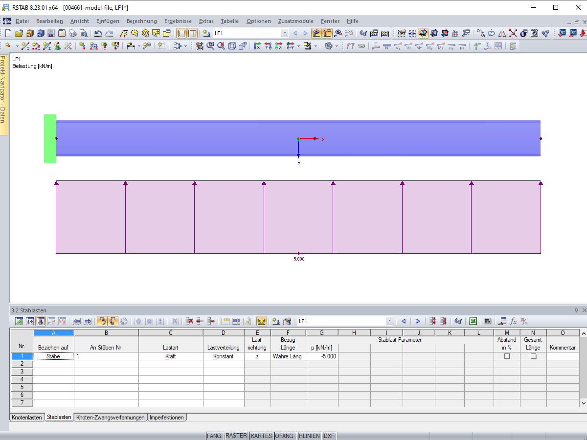 Stablast in Richtung der negativen lokalen Stabachse z