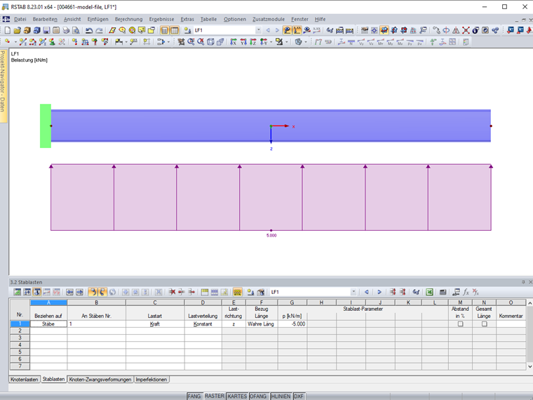 Stablast in Richtung der negativen lokalen Stabachse z