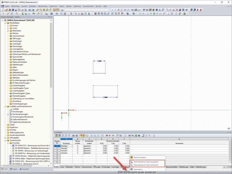 Statusleiste - Kontextmenü RASTER