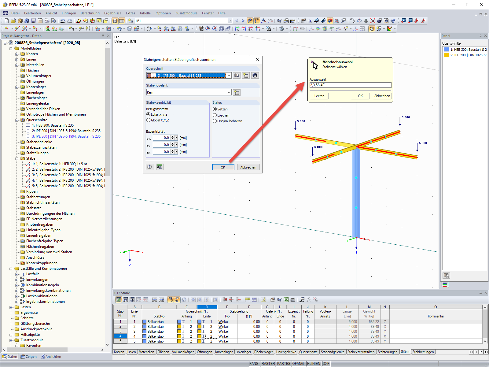 Zuordnung der Stabeigenschaften (Anzeige der Drittelspunkte)