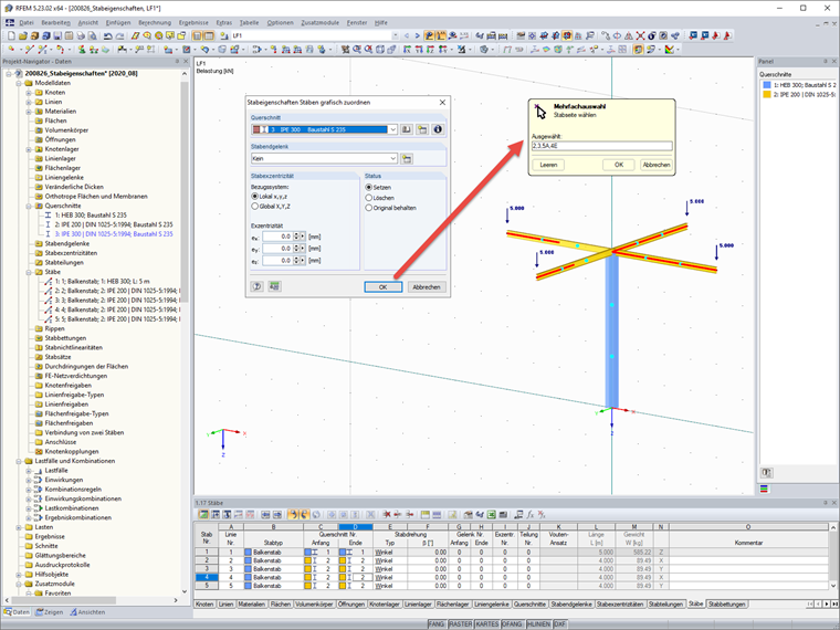 Zuordnung der Stabeigenschaften (Anzeige der Drittelspunkte)