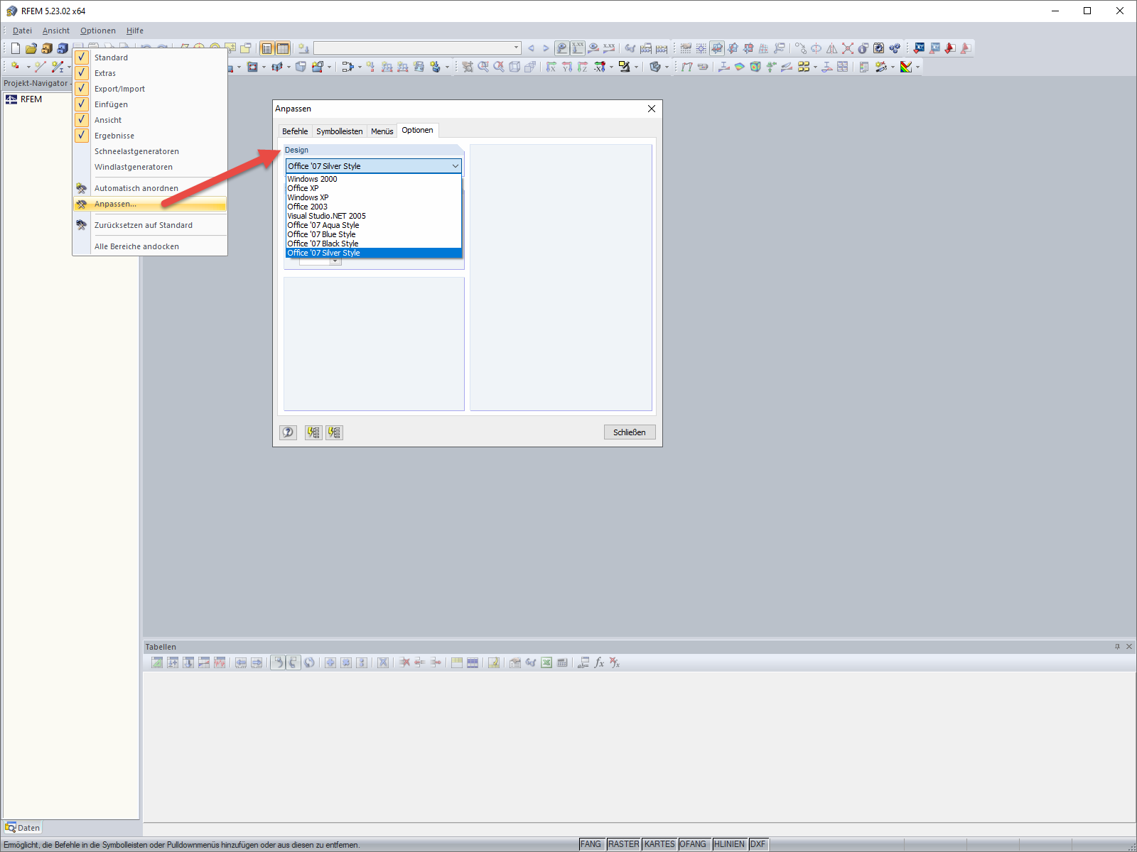 Anpassen → Optionen