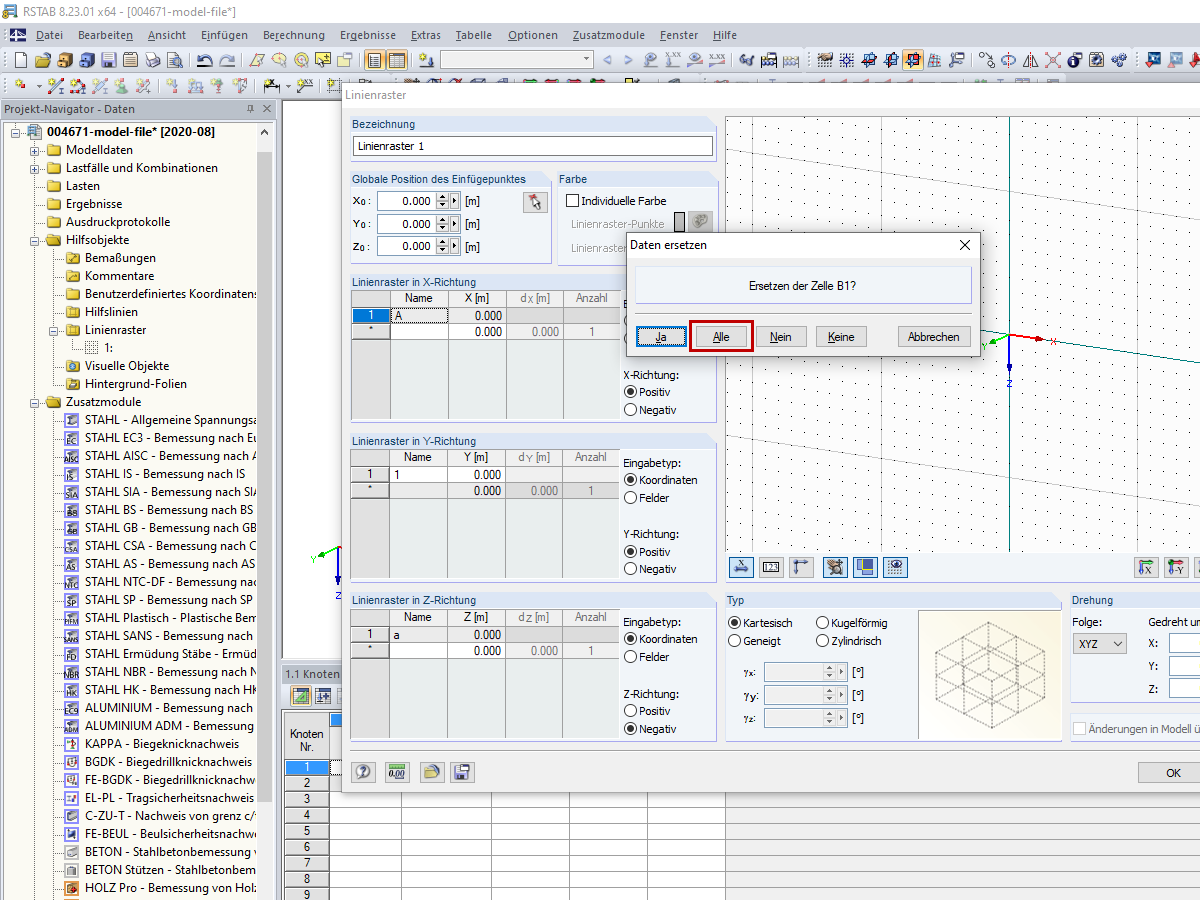 Einfügen der Werte in die Tabelle des Linienrasters