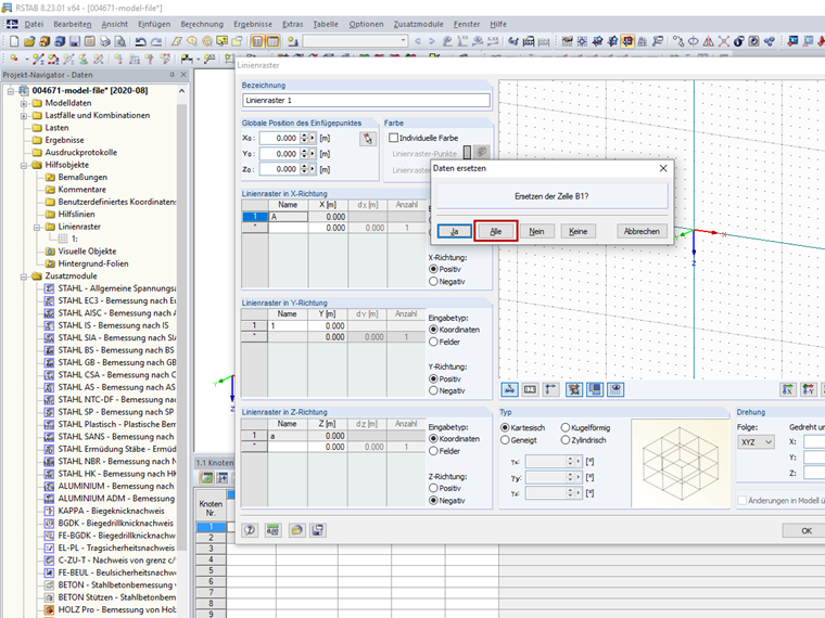 Einfügen der Werte in die Tabelle des Linienrasters