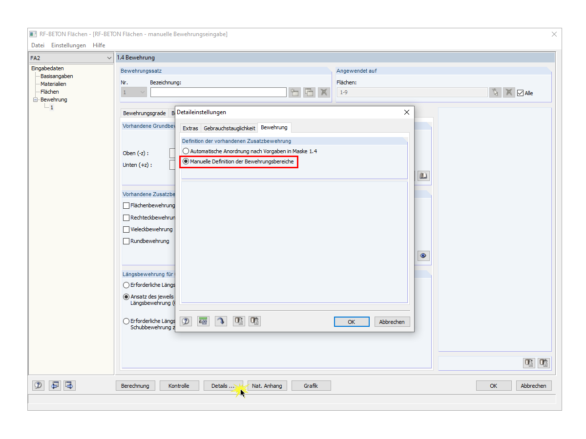 Umschalten auf "Manuelle Definition der Bewehrungsbereiche"