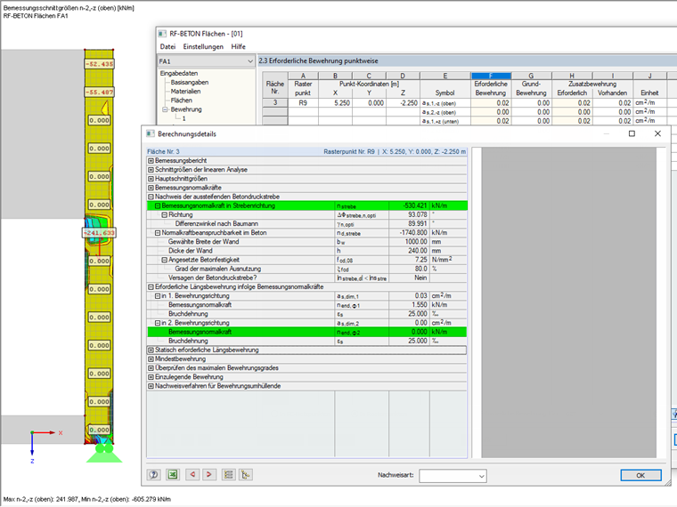 Bemessungsdetails mit Schnittgrößenoptimierung