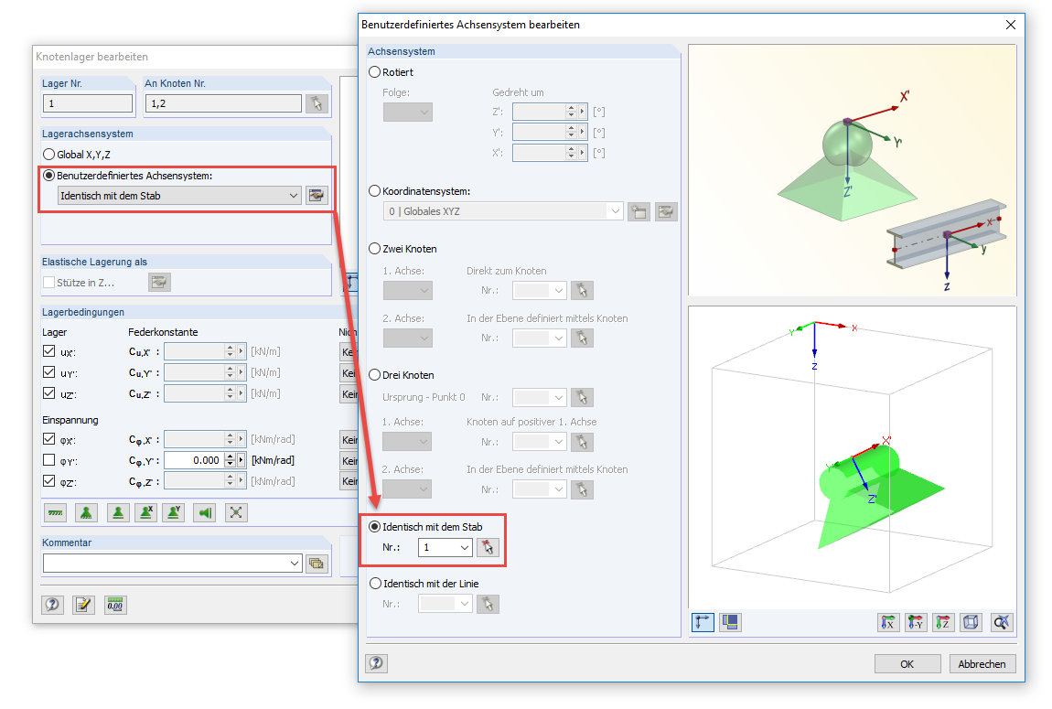 Knotenlager-Achsensystem identisch mit Stab