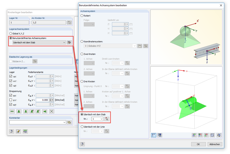 Knotenlager-Achsensystem identisch mit Stab