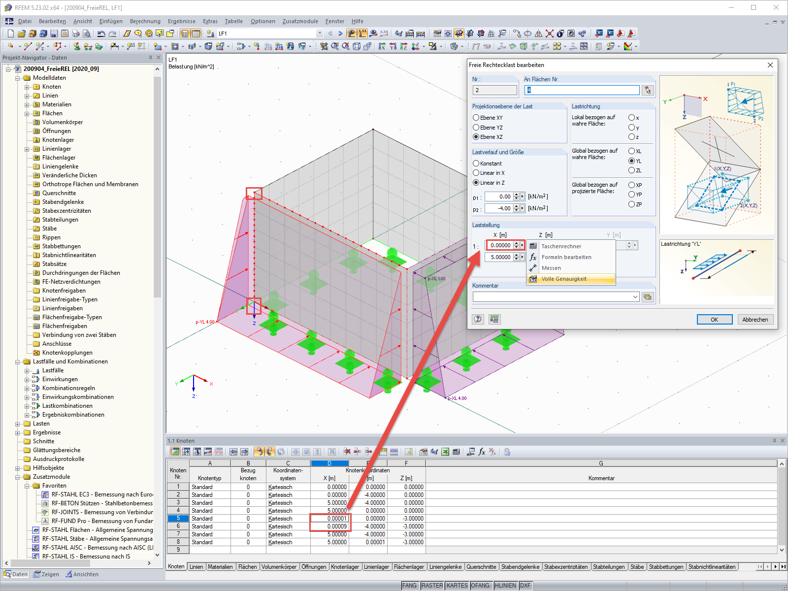 Abweichung zwischen Knotenkoordinaten und freier Rechtecklast