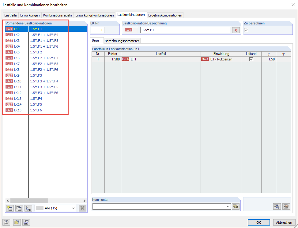 Kontrolle der Lastkombinationen
