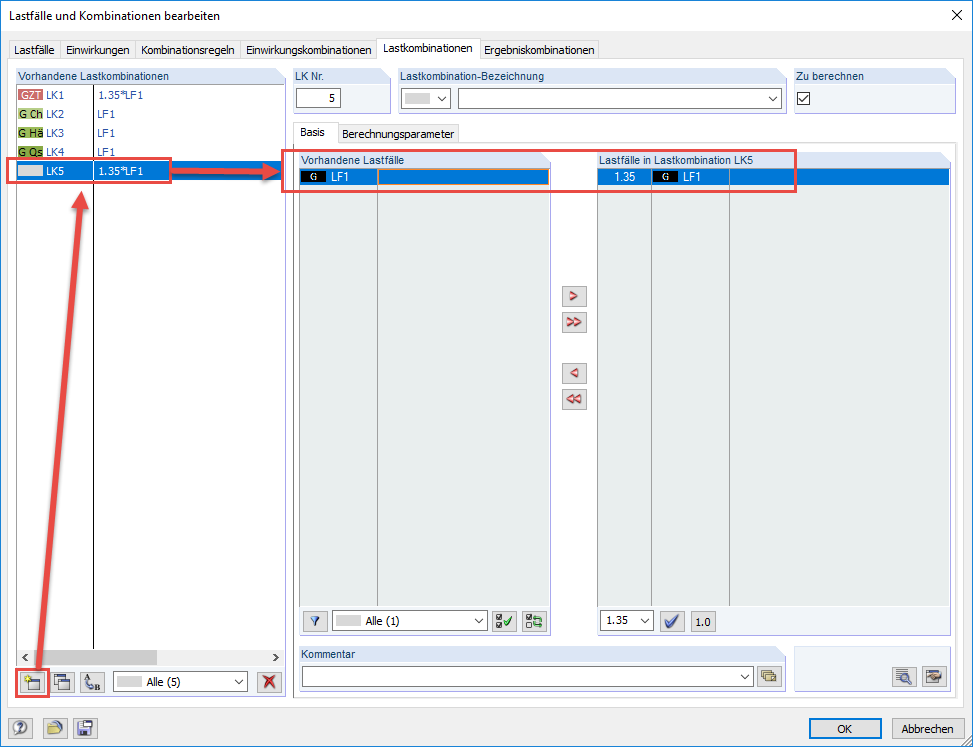 Neue Lastkombination