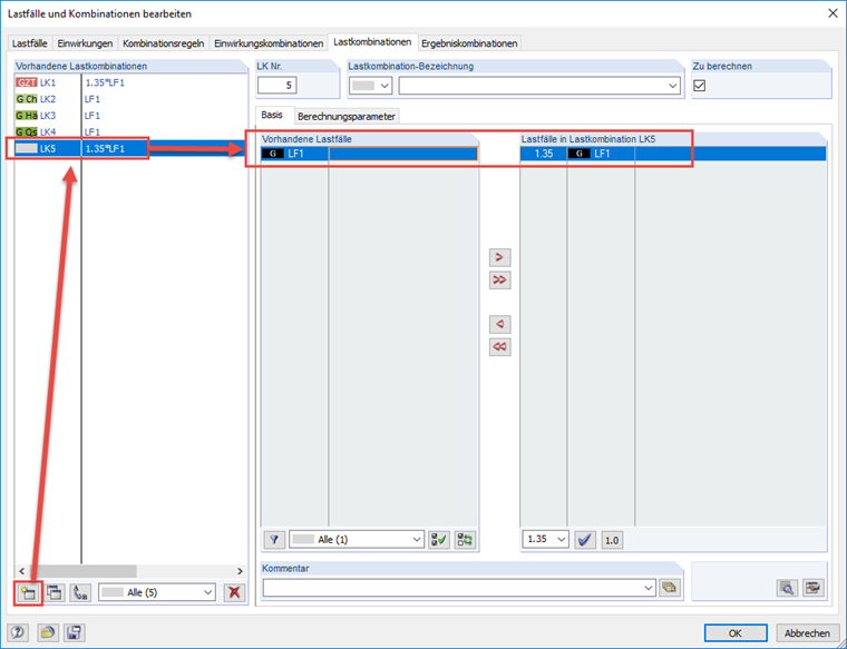 Neue Lastkombination