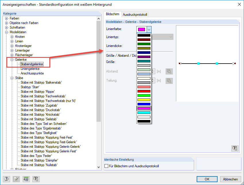 Anzeigeeigenschaften für Stabendgelenke