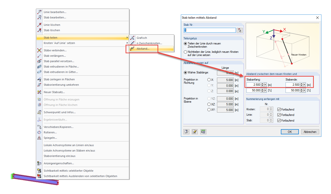 Stab teilen mittels Abstand