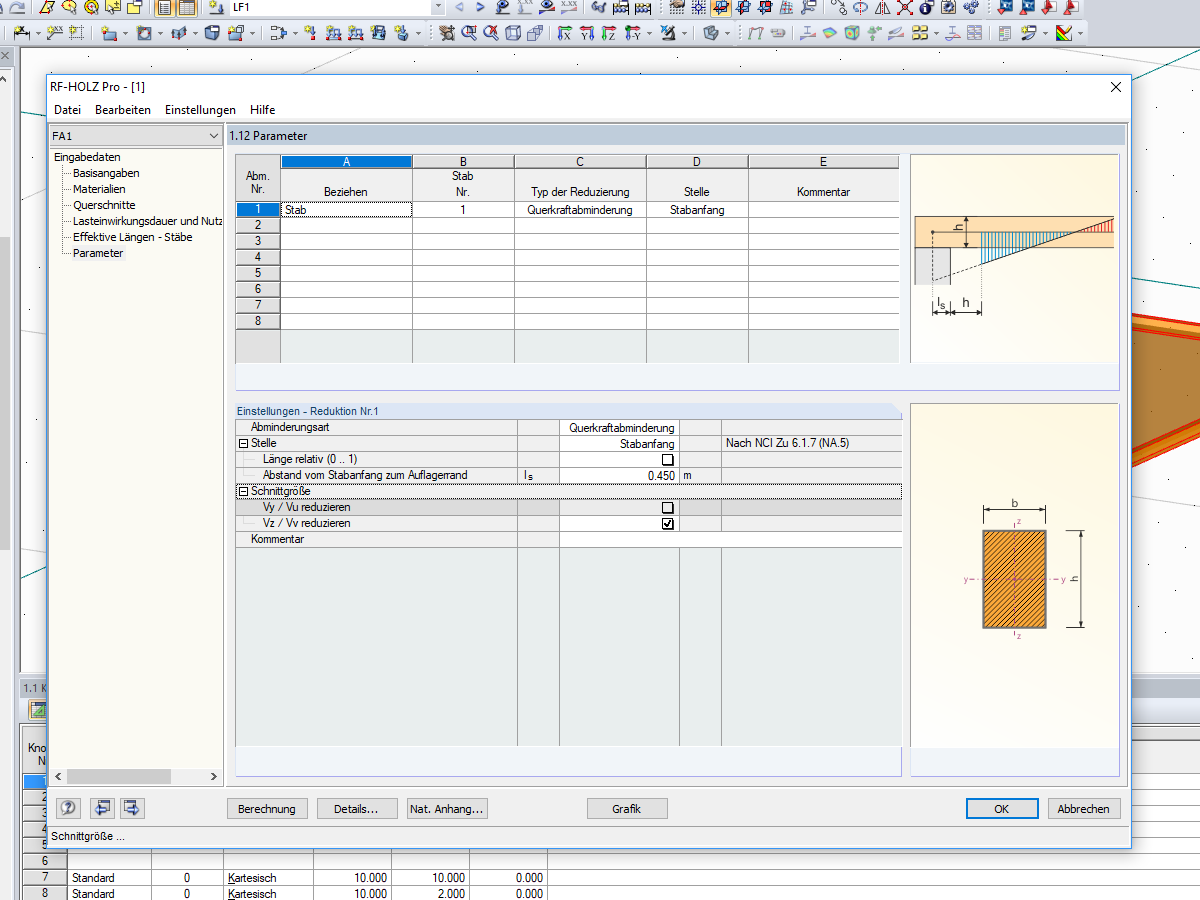 Einstellungen zur Querkraftabminderung