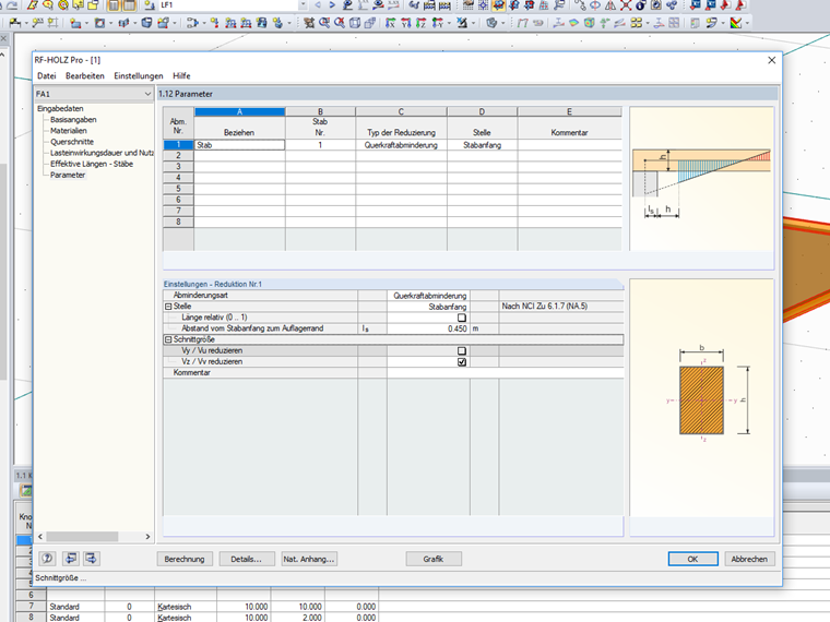Einstellungen zur Querkraftabminderung