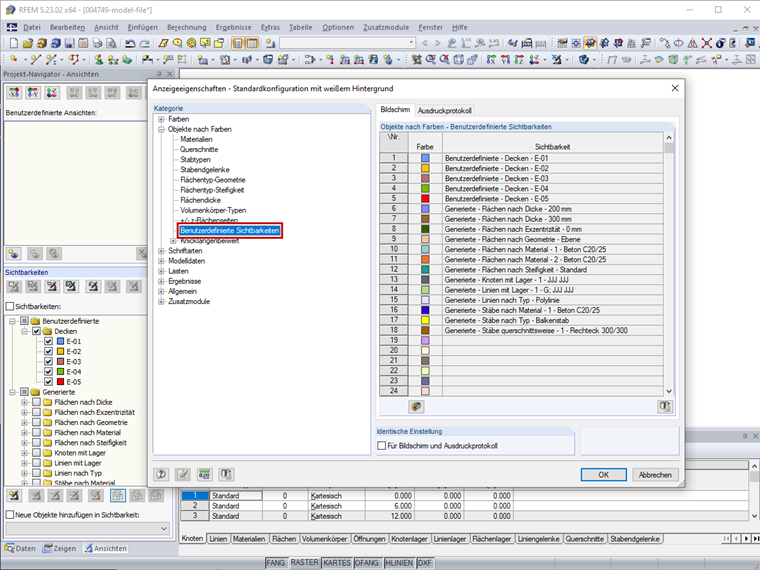Farben für Bildschirm/ Ausdruckprotokoll in den Anzeigeeigenschaften ändern