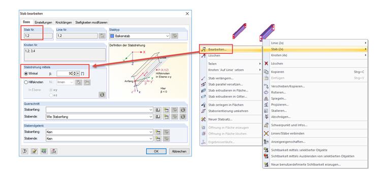 Multiselektion mit Kontextmenü (rechts) und Stab-Bearbeitungsdialog (links)