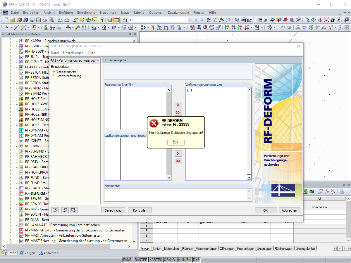 Fehlermeldung "Nicht zulässige Stabtypen eingegeben"