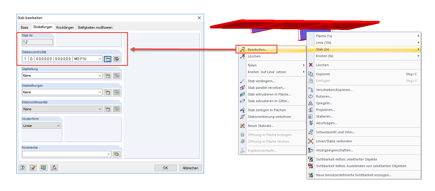 Multiselektion, Kontextmenü (rechts) und "Stab bearbeiten" (links)