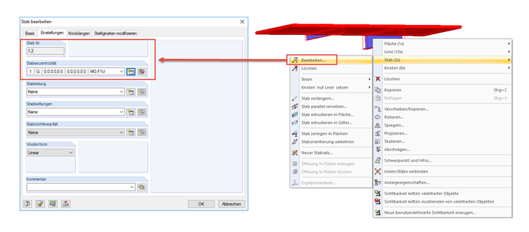 Multiselektion, Kontextmenü (rechts) und "Stab bearbeiten" (links)