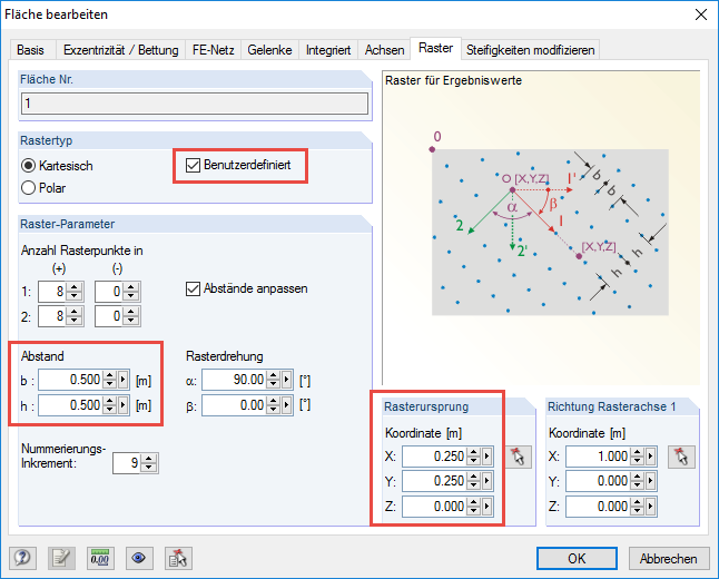 Einstellungen Flächenraster