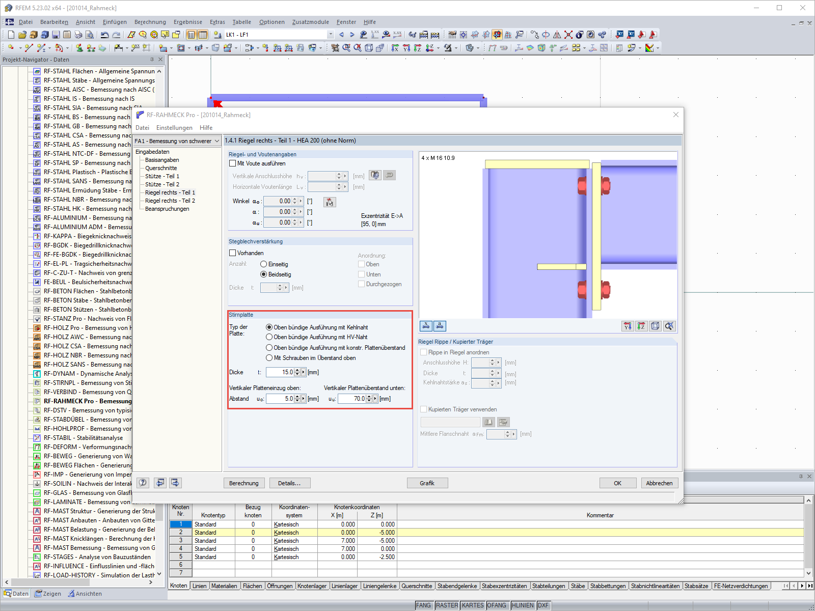 Abmessungen der Stirnplatte