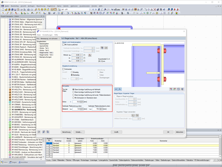 Abmessungen der Stirnplatte