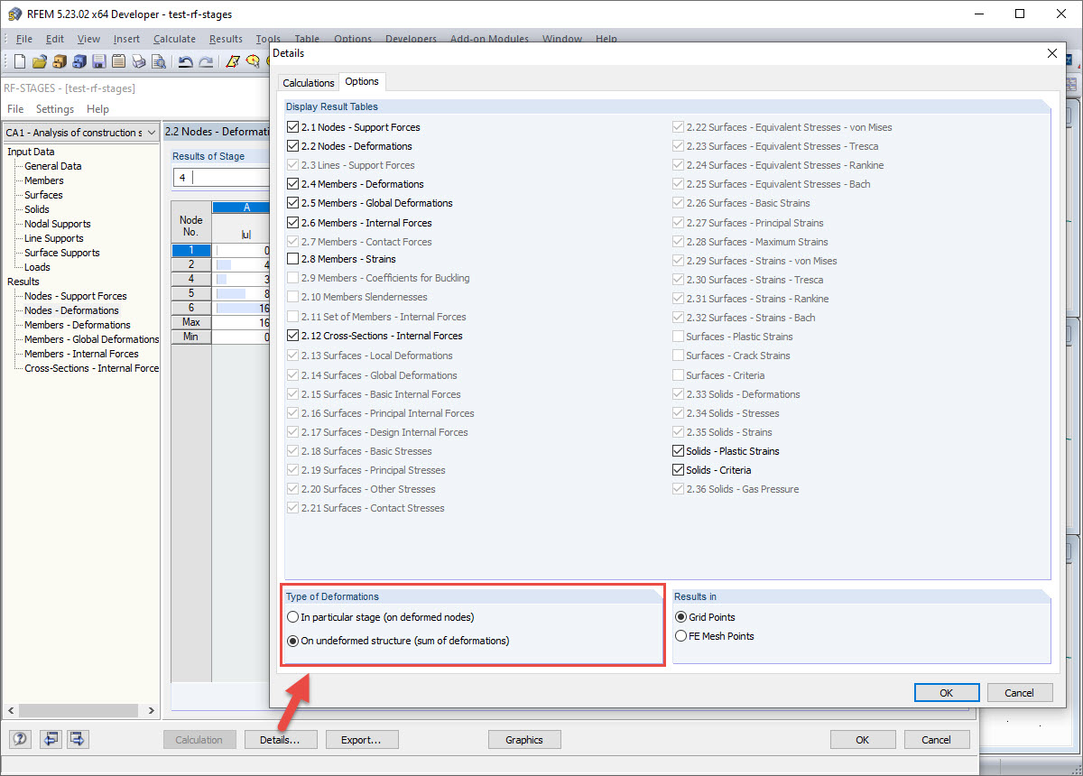 Tabellarische Ausgabe der Ergebnisse bezogen auf unverformtes System oder aktuellen Bauzustand