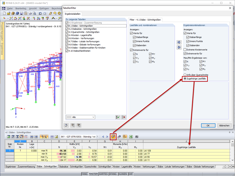 Dialog "Tabellenfilter" - Option "Zugehörige Lastfälle"
