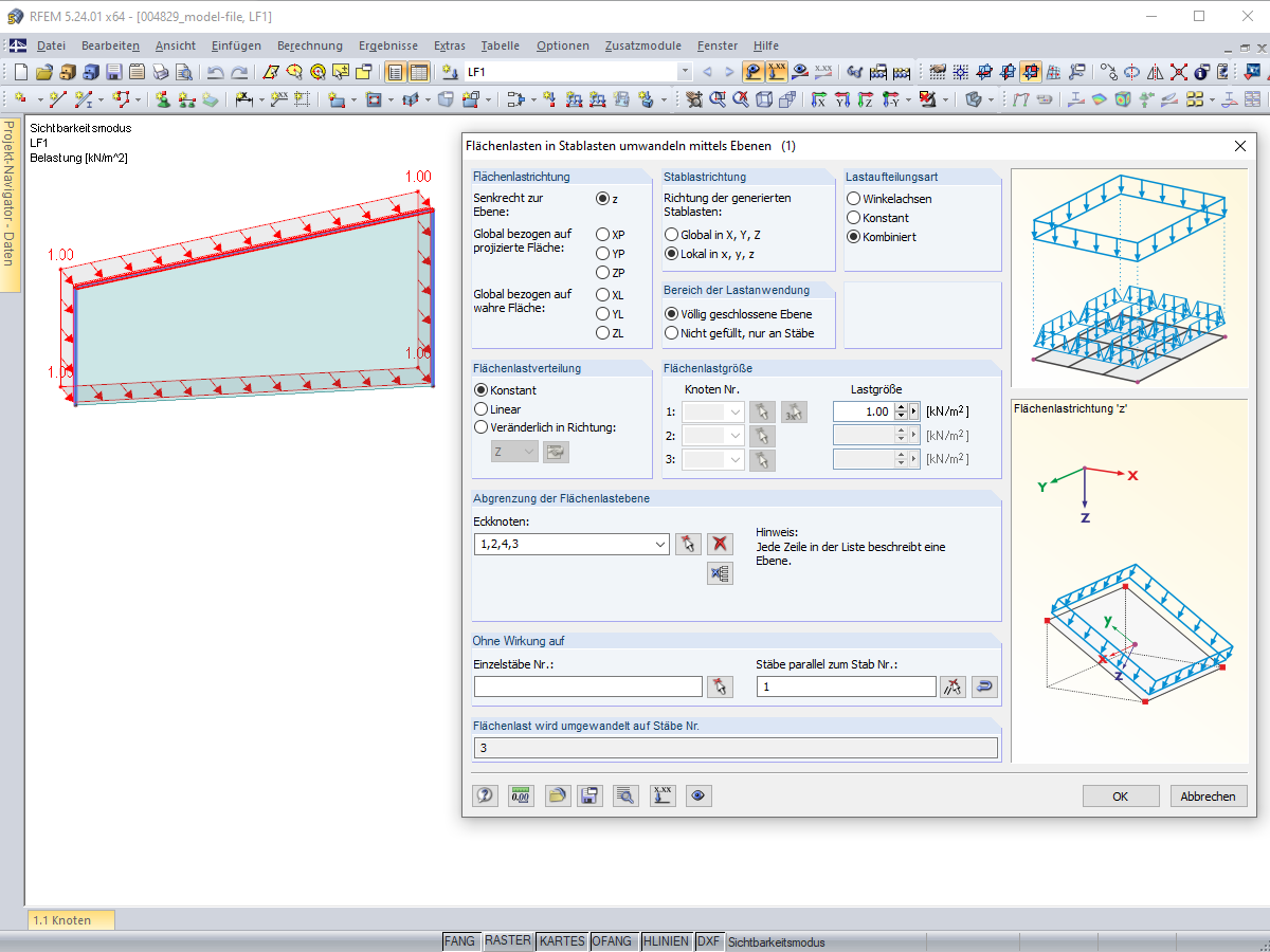 Einstellungen für Flächenlasten in Stablasten umwandeln