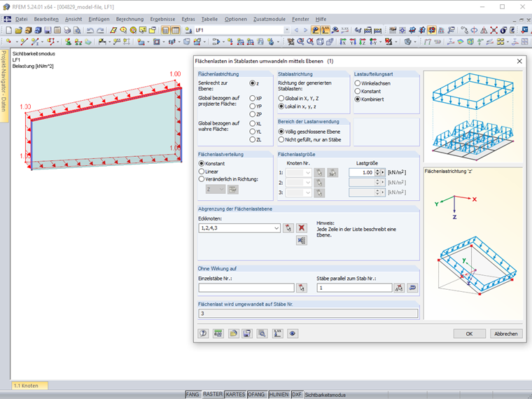 Einstellungen für Flächenlasten in Stablasten umwandeln