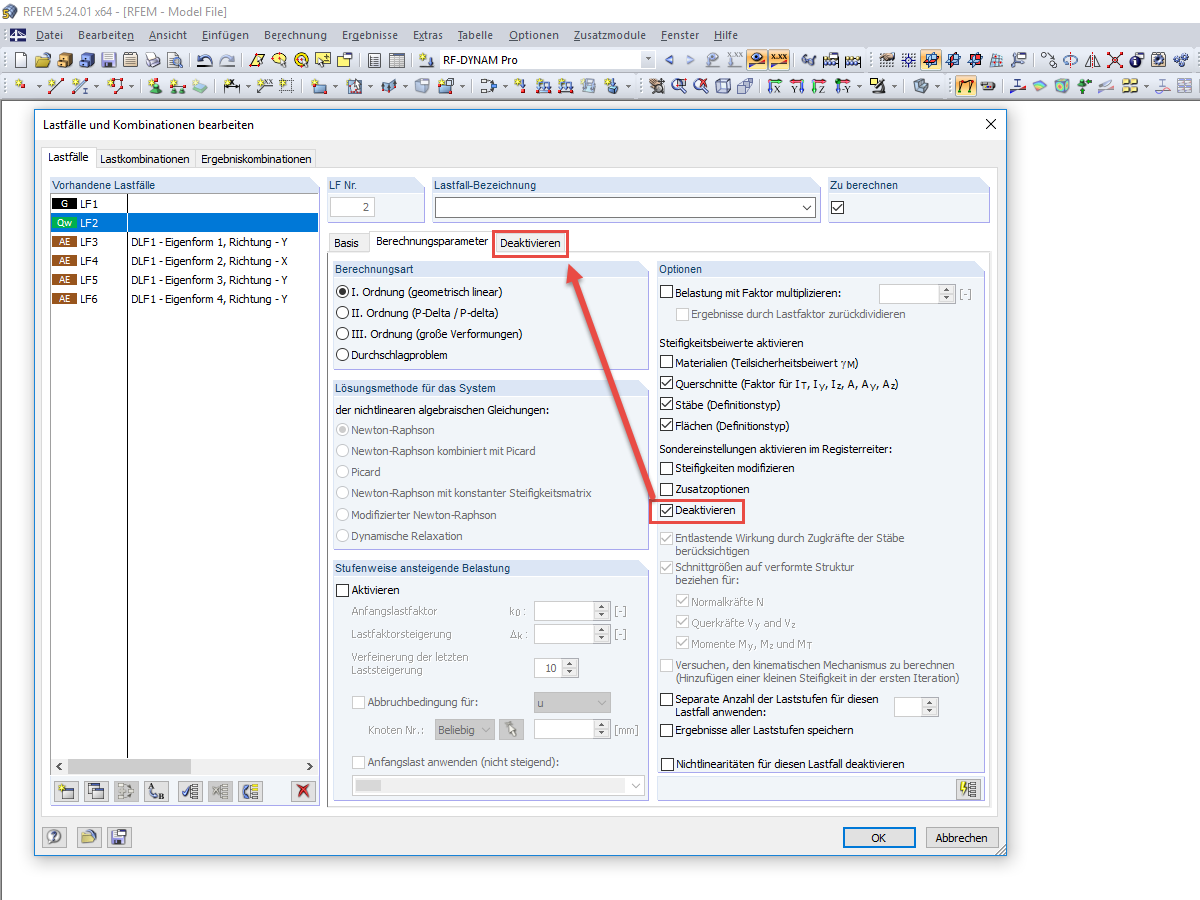 Deaktivierung von Stäben im ursprünglichen Lastfall