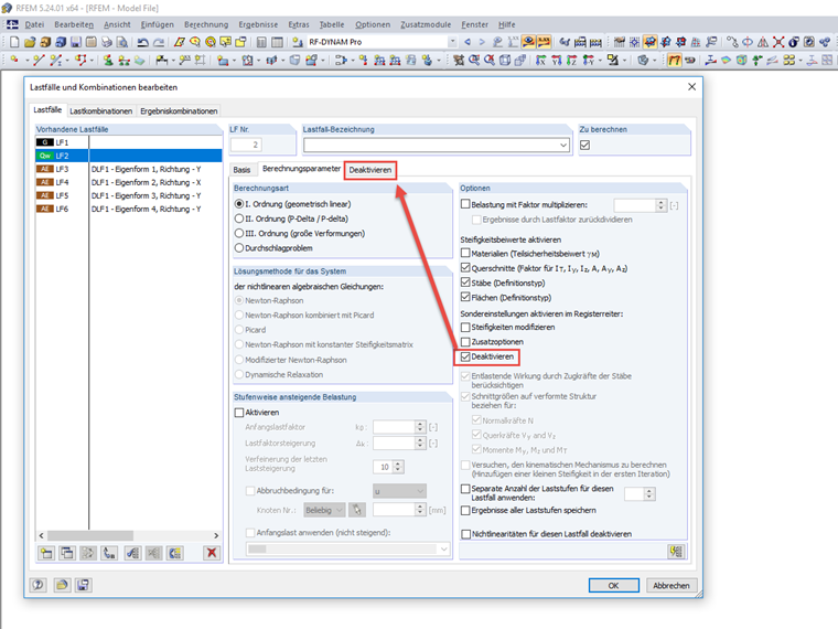Deaktivierung von Stäben im ursprünglichen Lastfall