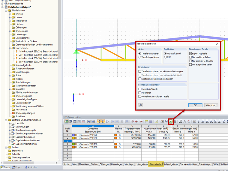 Querschnittsdaten exportieren an Excel