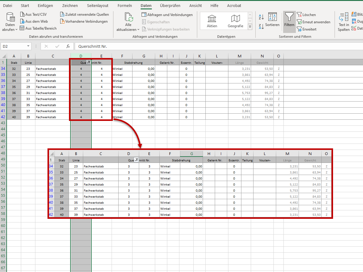 Stäbe müssen der richtigen Querschnittsnummerierung angepasst werden