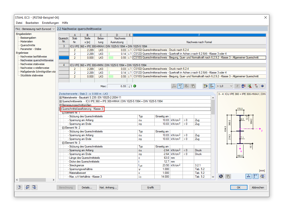 Ausgabe der Querschnittsklasse