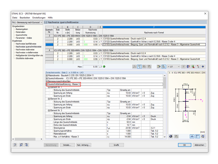 Ausgabe der Querschnittsklasse