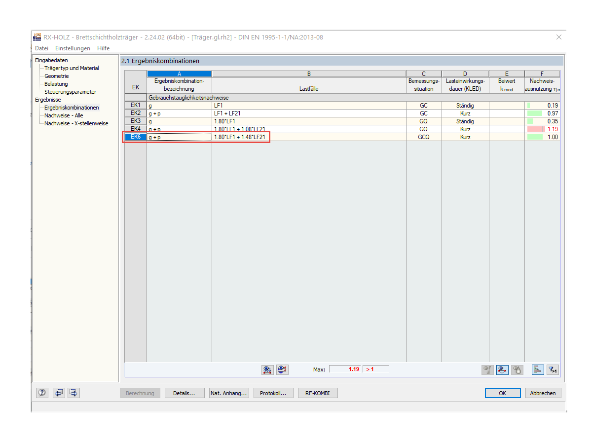 Maske 2.1 Ergebniskombinationen
